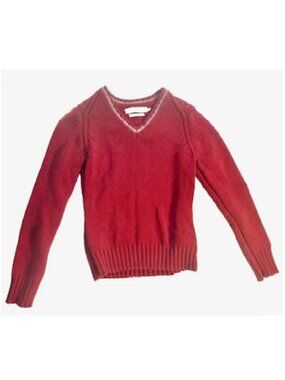 Vintage Tommy Hilfiger Jeans Red V-Neck Pullover Sweater Tan Trim Women’s M EUC